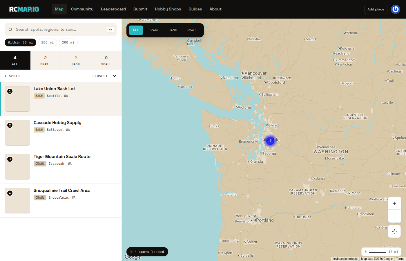 RCMap desktop map showing RC crawling spots, trails, tracks, hobby shops, search, and nearby place results.