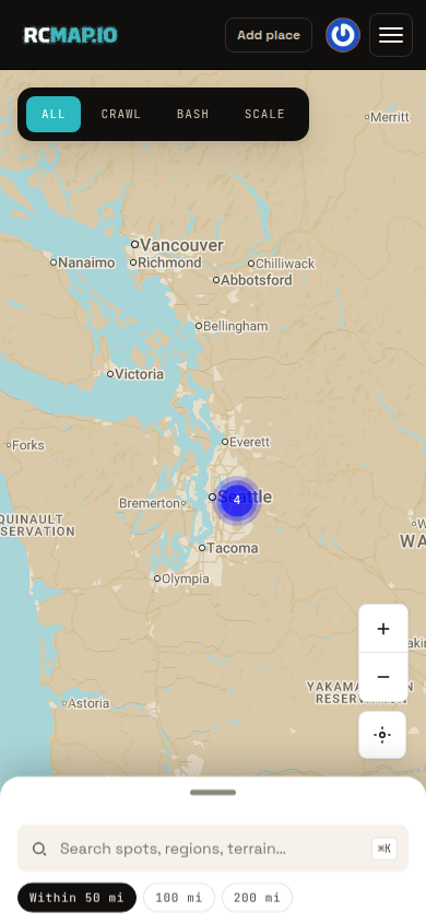 Mobile RCMap map with RC place category filters, map controls, and the search drawer visible.