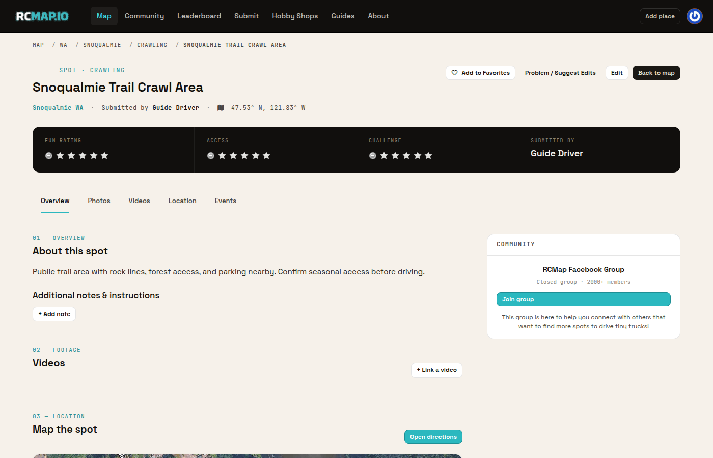 RCMap RC place detail page with category, address, directions, photos, notes, ratings, and events.