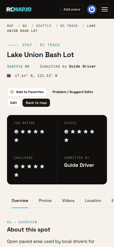 Mobile RCMap place detail page with RC place category, directions, ratings, overview, photos, and events.