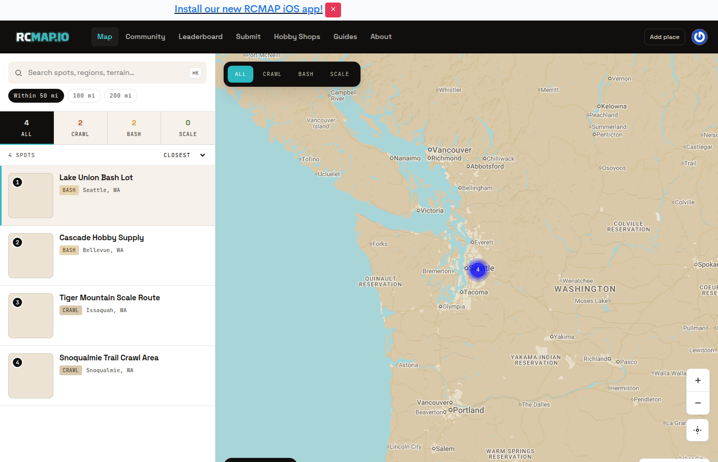 RCMap map page with the mobile app install banner for iOS and Android app discovery highlighted.