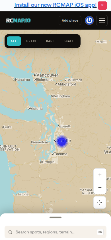 Mobile RCMap map with iOS app install banner visible above the RC places map.