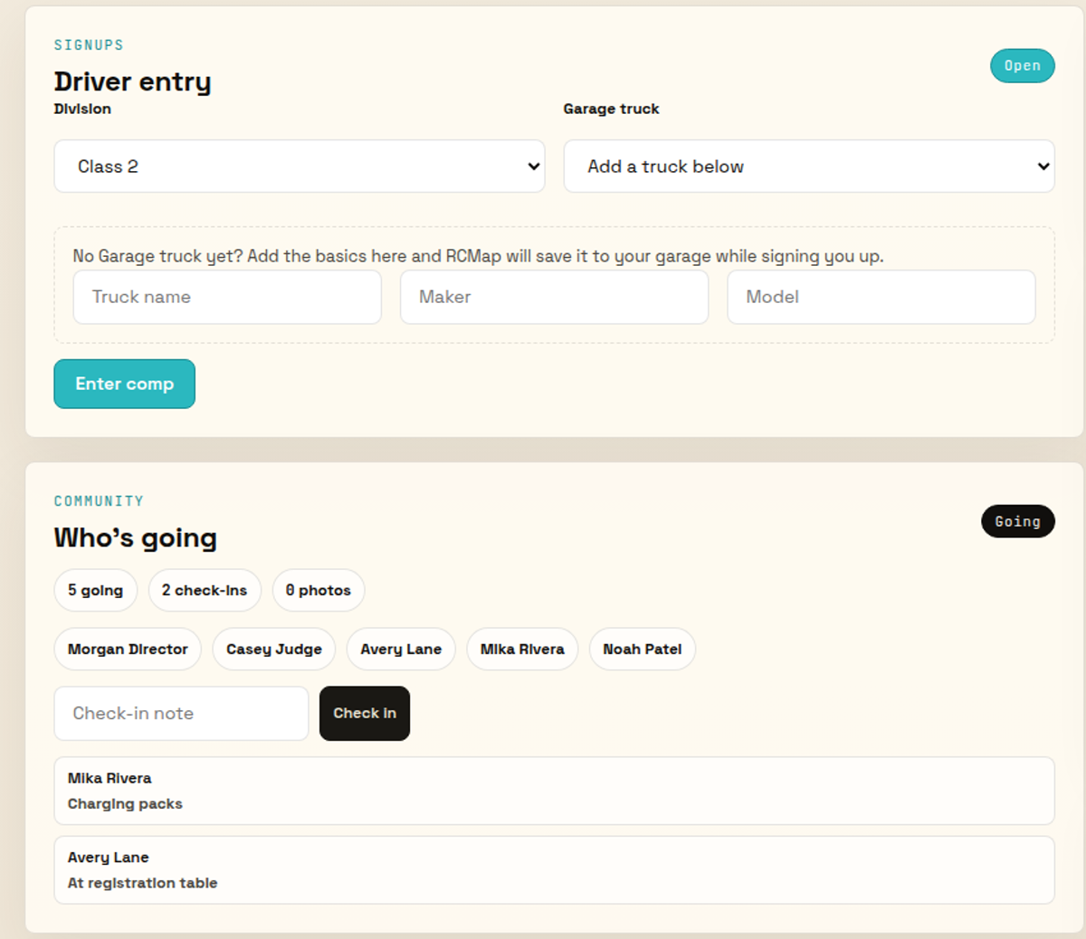 Desktop RCMap check-in sections showing Driver entry, Who's going, check-in note, and recent event check-ins.