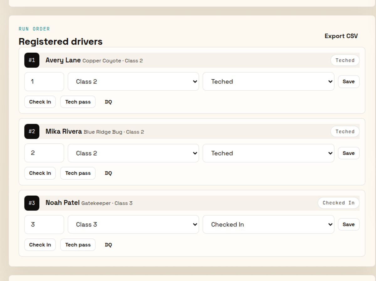 Desktop RCMap Registered drivers section with entry status selectors, Check in, Tech pass, and DQ controls.
