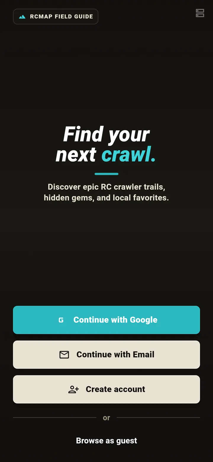RCMap mobile app home screen with nearby places, community, competitions, tracks, and alerts.