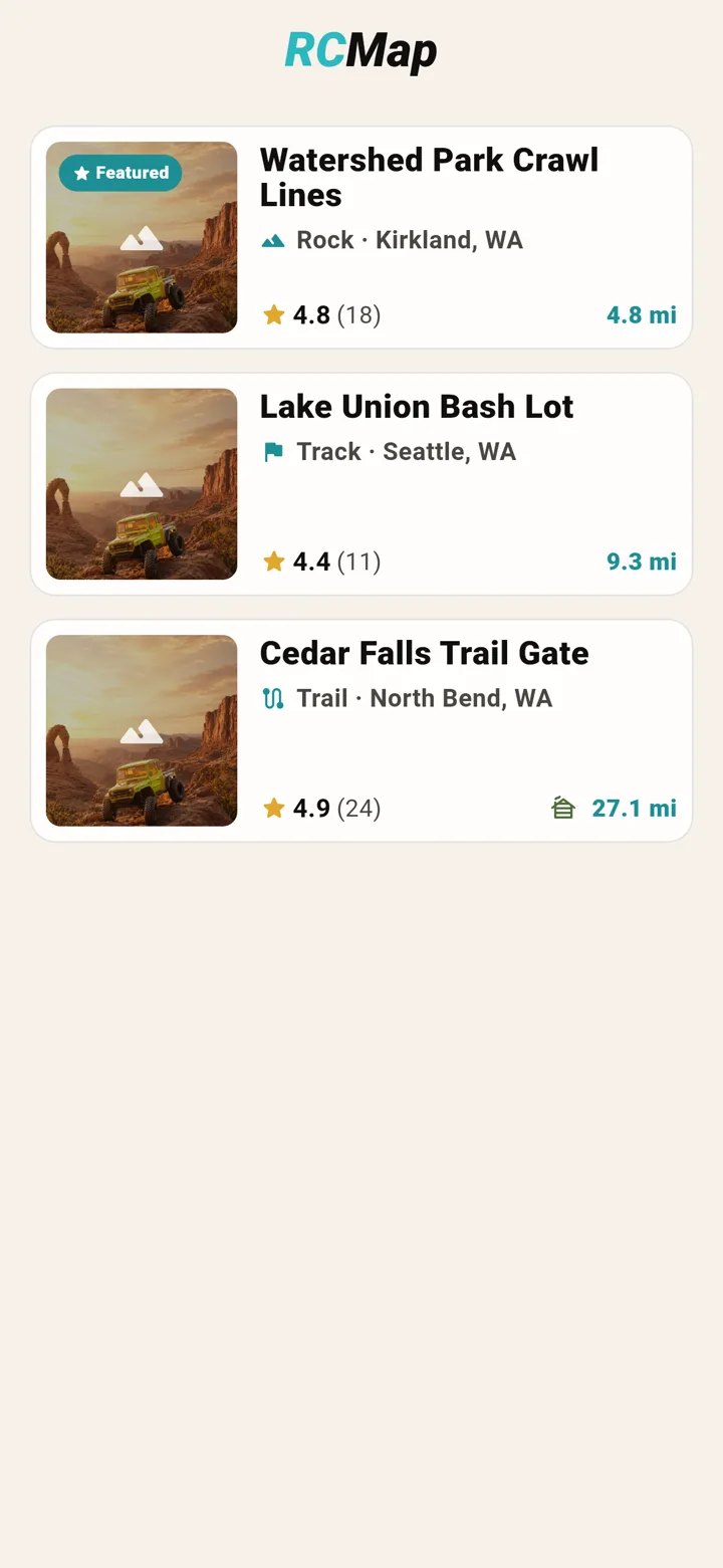 RCMap mobile app Explore tab listing nearby RC crawler spots, trailheads, hobby shops, and tracks.