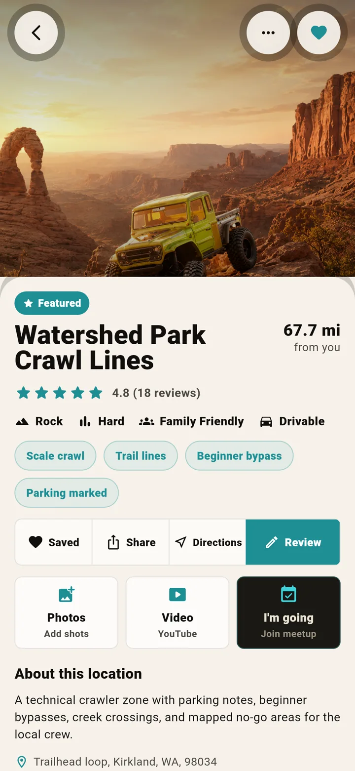 RCMap mobile app place detail for a crawler course with actions, media, map context, and reviews.