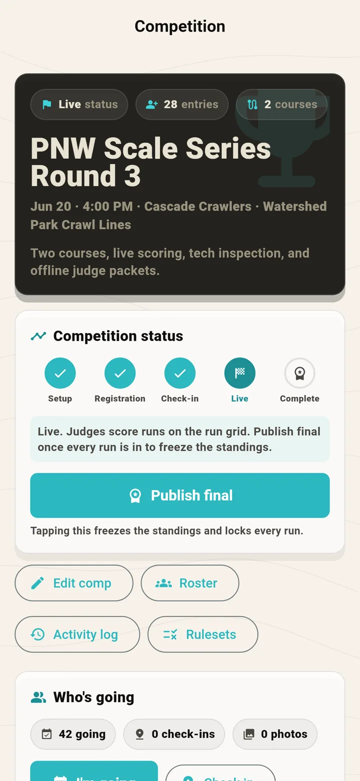 RCMap mobile app competition view showing live event details, scoring state, and course information.