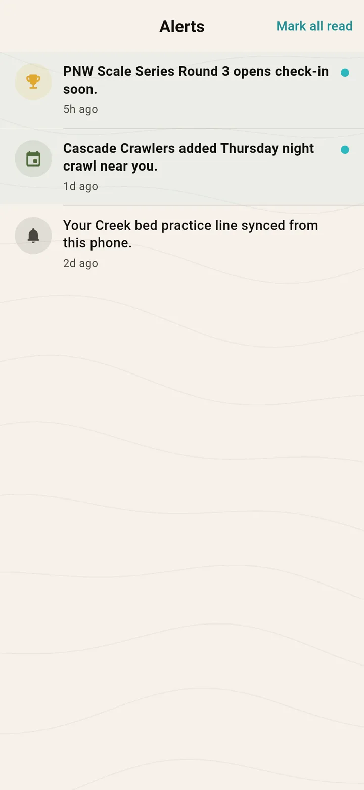 RCMap mobile app alerts screen for club invites, scoring updates, and local activity.