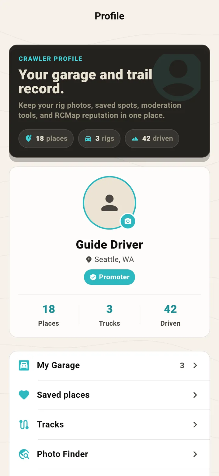 RCMap mobile app profile and garage screen with driver stats, trucks, clubs, and check-ins.